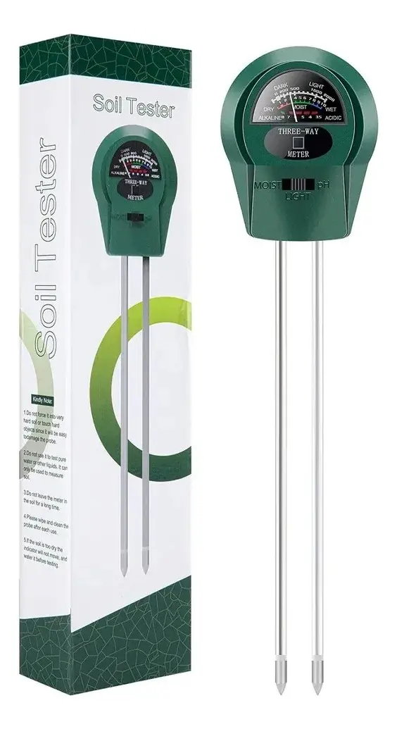 Medidor analógico de pH, humedad y luz para suelo