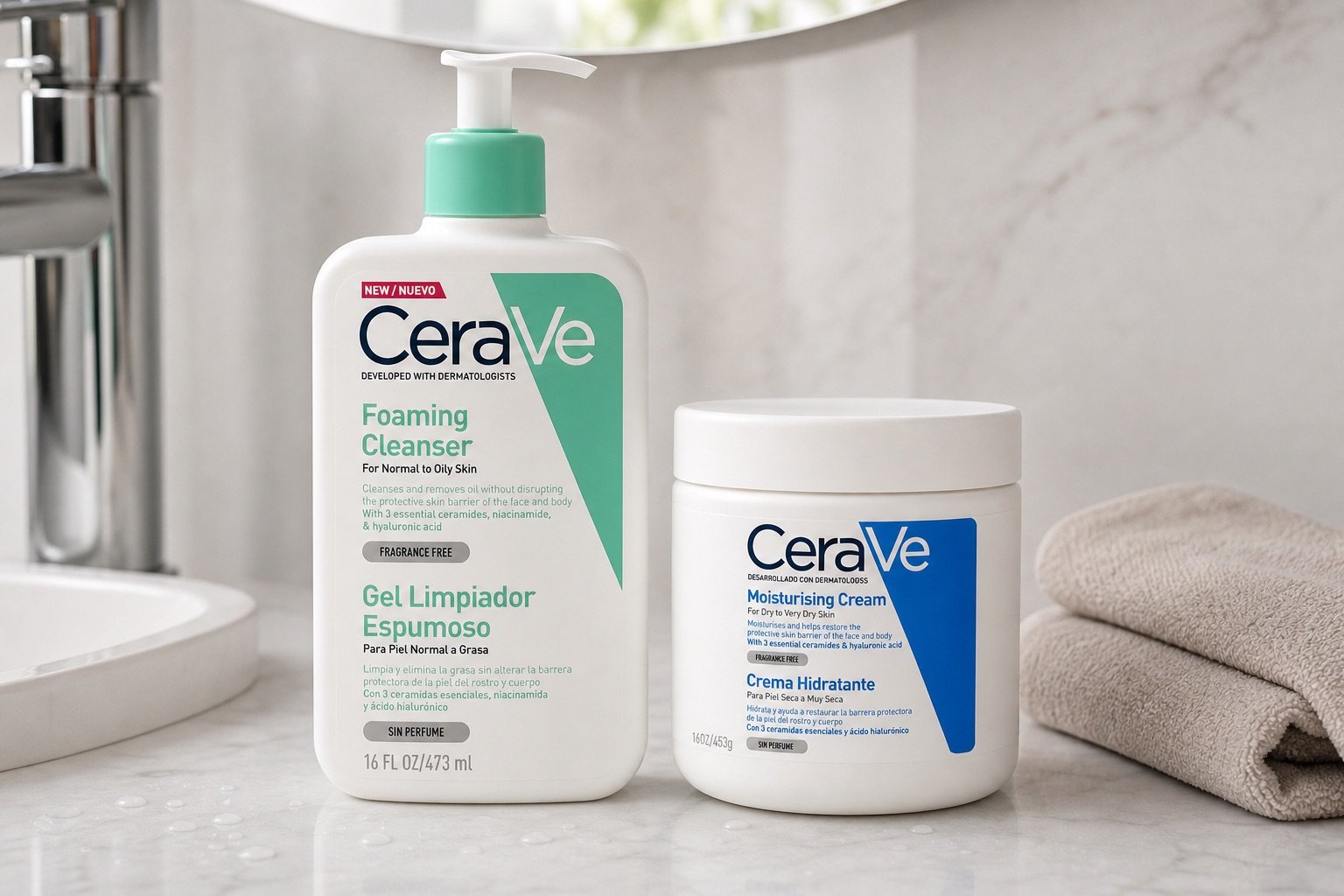 CeraVe Gel Limpiador Espumoso y CeraVe Crema Hidratante
